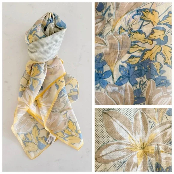 70s Vintage Anne Klein Swiss Dot & Floral Print Cottagecore Cotton Scarf Wrap - Picture 12 of 17